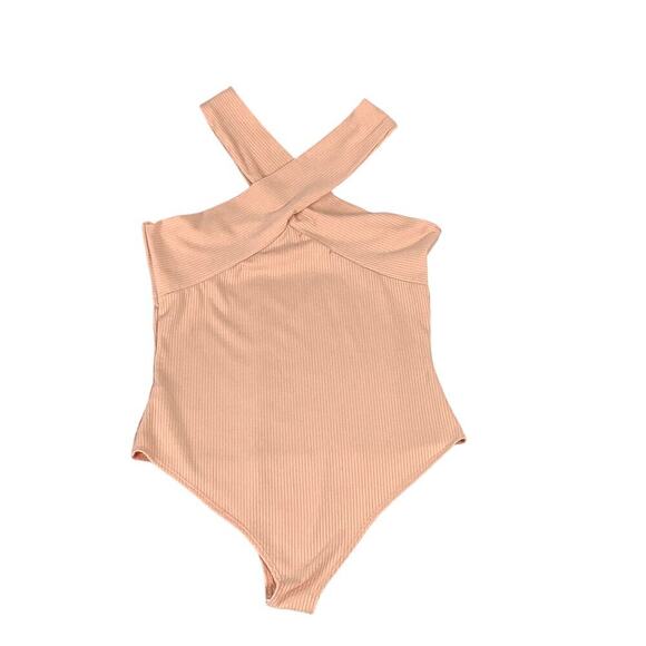 💰Entro Powder Pink Ribbed Knit Cross Neck Bodysuit Women’s Size Large - Picture 3 of 6